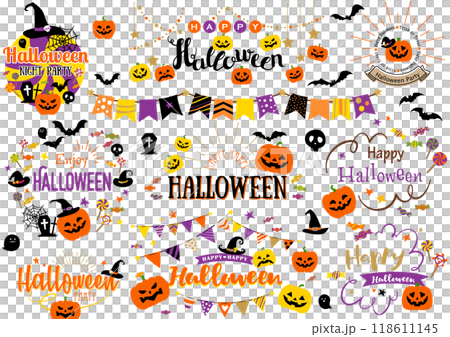 ハロウィンイラスト吹き出しロゴ見出しアイコンフレームガーランド背景セット ハロウィンイラスト吹き出しロゴ見出しアイコンフレームガーランド背景セット 118611145