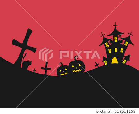 ハロウィン かぼちゃお化け お城 墓 猫 フレーム背景素材 赤 ハロウィン かぼちゃお化け お城 墓 猫 フレーム背景素材 赤 118611155