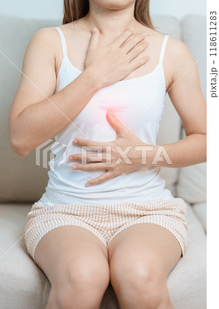 Gastroesophageal Reflux Disease or GERD, Acid reflux disease, Gastro Oesophageal or GORD and Dyspepsia concept. woman having Stomach ache and Esophageal pain due to Digestion system problem Gastroesophageal Reflux Disease or GERD, Acid reflux disease, Gastro Oesophageal or GORD and Dyspepsia concept. woman having Stomach ache and Esophageal pain due to Digestion system problem 118611283