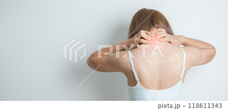 Woman having Neck and Shoulder pain at home. Muscle painful due to Myofascial pain syndrome and Fibromyalgia, rheumatism, Scapular pain, Cervical Spine. ergonomic concept Woman having Neck and Shoulder pain at home. Muscle painful due to Myofascial pain syndrome and Fibromyalgia, rheumatism, Scapular pain, Cervical Spine. ergonomic concept 118611343