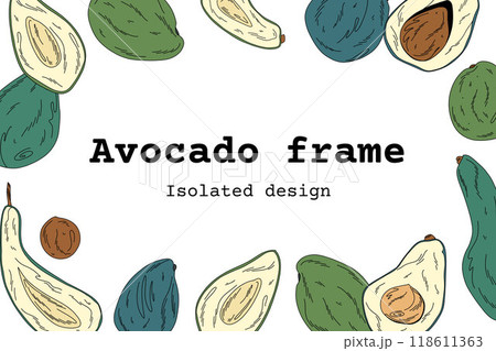 Design layout of a square frame with avocado fruits along the contour, flat pits and fruits 118611363