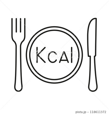 Calorie Count Line Icon With Plate, Fork, Knife. Healthy Dining And Nutrition Outline Icon. Healthy Eating And Diet. Isolated Vector Illustration 118611372