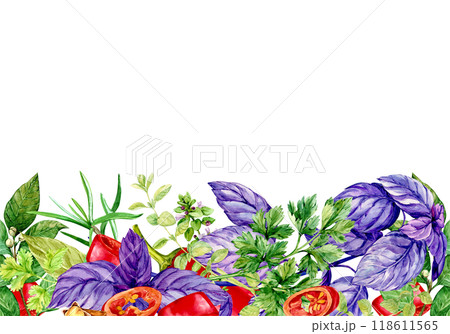 Horizontal template with kitchen herbs and space for text. Rosemary, thyme, chili, basil, mint, bay leaf. Watercolor banner. Provencal spices, rustic menu composition. 118611565