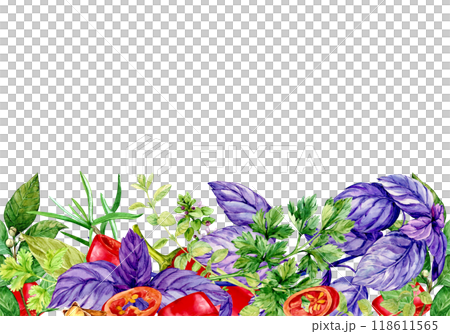Horizontal template with kitchen herbs and space for text. Rosemary, thyme, chili, basil, mint, bay leaf. Watercolor banner. Provencal spices, rustic menu composition. 118611565