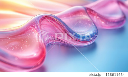 A close up of glass surface curved in wave like shape, showcasing vibrant pink and blue hues with sparkling details. smooth texture and colorful reflections create mesmerizing visual effect 118611684
