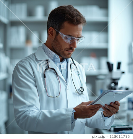 A medical researcher in lab coat examines data on tablet, showcasing focused expression. background features laboratory equipment, emphasizing professional environment 118611756