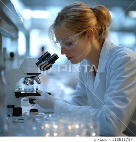 A focused woman in lab coat examines samples under microscope in modern laboratory setting, showcasing dedication to scientific research and discovery 118611757