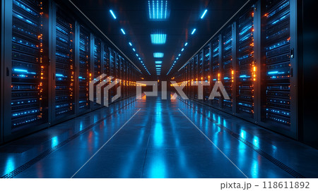 modern data center featuring row of sleek server racks illuminated by vibrant blue and orange lights. reflective floor enhances high tech atmosphere, creating sense of innovation and efficiency modern data center featuring row of sleek server racks illuminated by vibrant blue and orange lights. reflective floor enhances high tech atmosphere, creating sense of innovation and efficiency 118611892