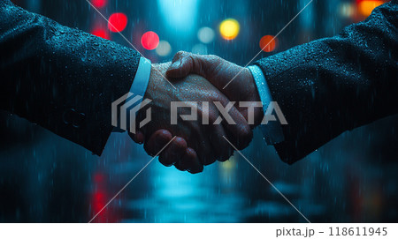 businessman closing deal in rain, showcasing determination and professionalism. handshake symbolizes trust and partnership amidst moody urban backdrop 118611945