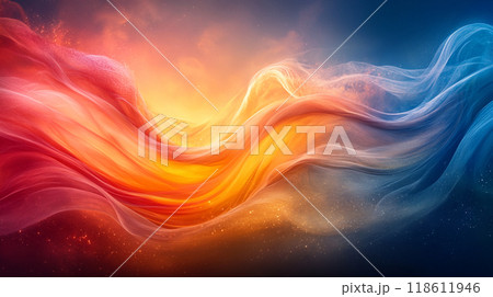 Vibrant abstract background featuring flowing waves of orange, red, and blue hues, creating dynamic and energetic atmosphere. soft gradients evoke sense of movement and warmth 118611946