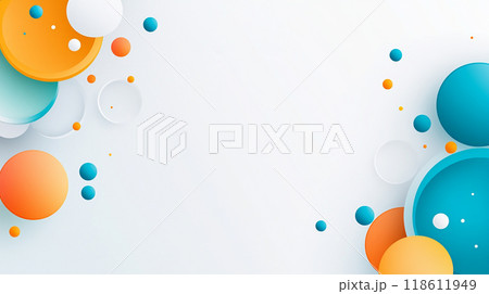 Bright and colorful abstract background featuring circular shapes in orange, blue, and white tones, perfect for presentations or creative projects. playful design adds cheerful touch to any visual 118611949