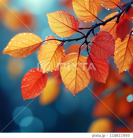 Vibrant orange and red leaves glisten with droplets of water, showcasing beauty of autumn. soft blue background enhances warm colors, creating serene and refreshing atmosphere 118611950