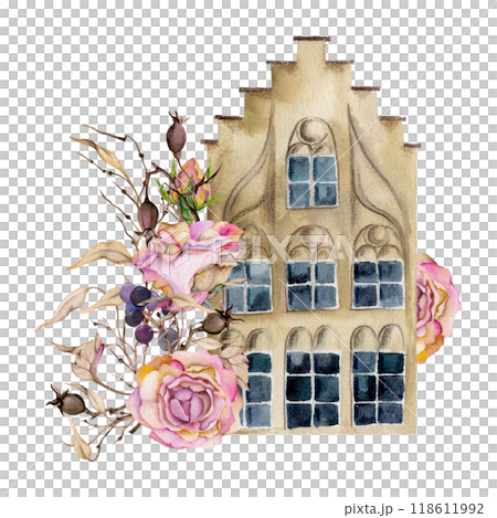 Old European city town street houses facades, rose berry lunaria flowers. Historical cityscape building. Watercolor hand drawn illustration. Tourist shops, souvenirs, travel brochures, real estate Old European city town street houses facades, rose berry lunaria flowers. Historical cityscape building. Watercolor hand drawn illustration. Tourist shops, souvenirs, travel brochures, real estate 118611992