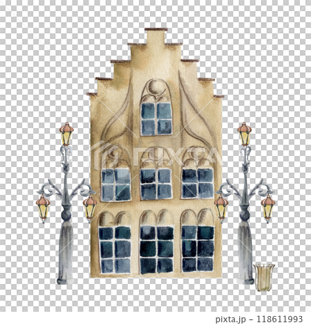 Old European city town village street house. Historical urban cityscape gothic building, lamp posts. Watercolor hand drawn illustration. Tourist shops souvenirs, travel brochures, architectural bureau 118611993