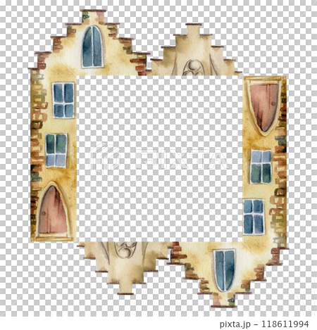 Old European city town street houses, urban exterior facades. Historical cityscape building. Watercolor hand drawn border frame. For tourist shops, souvenirs, travel brochures, architectural bureau Old European city town street houses, urban exterior facades. Historical cityscape building. Watercolor hand drawn border frame. For tourist shops, souvenirs, travel brochures, architectural bureau 118611994