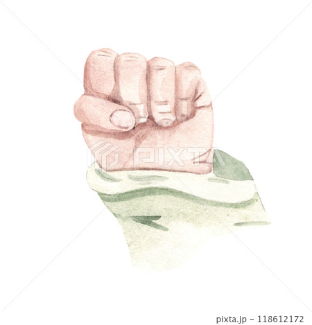 Newborn Baby Hand. Hand drawn Watercolor illustration of Child Fist isolated on a white background. For Baby shower and Gender Party Cards and Invitations. Newborn Baby Hand. Hand drawn Watercolor illustration of Child Fist isolated on a white background. For Baby shower and Gender Party Cards and Invitations. 118612172