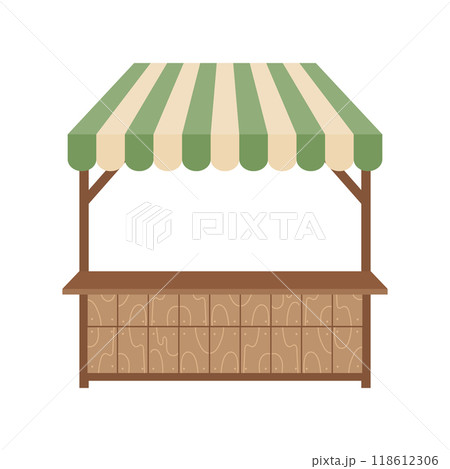 Wooden market stall. Street stall with awning. Fair canopy kiosk,  booth with awning, marketing stand with striped tent. Flat style illustration 118612306
