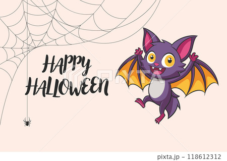 Calligraphy lettering Happy Halloween with cute bat character and spider web. Retro illustration, postcard 118612312