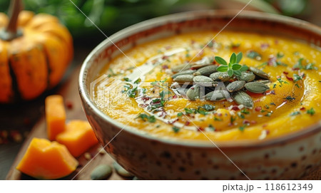 The Flavors of Harvest Vegetables .A creamy butternut squash soup, garnished with toasted pumpkin seeds and drizzle of olive oil, representing rich flavors and textures of autumn vegetables. 118612349