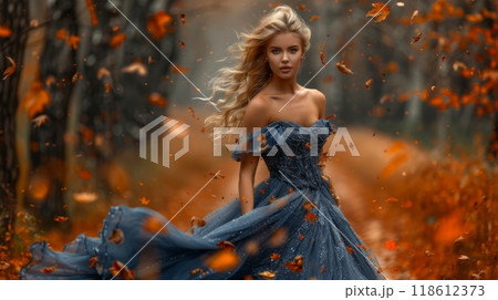 Autumn or fall season. A beautiful woman in a blue dress standing , leaves falling around her. She has long blonde hair and is wearing an elegant gown that flows elegantly on its own. 118612373