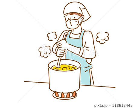 大きな寸胴鍋で料理を作るエプロン姿の若い男性 大きな寸胴鍋で料理を作るエプロン姿の若い男性 118612449