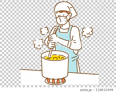 大きな寸胴鍋で料理を作るエプロン姿の若い男性 大きな寸胴鍋で料理を作るエプロン姿の若い男性 118612449
