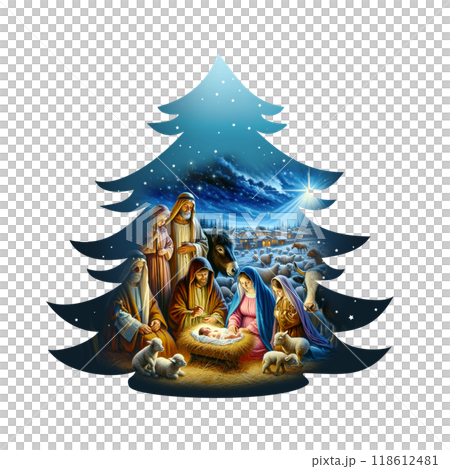 Christmas tree shape silhouette Oil painting representing the holy family. Nativity scene in Bethlehem. Christmas scene illustration. Blue starry sky background Christmas tree shape silhouette Oil painting representing the holy family. Nativity scene in Bethlehem. Christmas scene illustration. Blue starry sky background 118612481