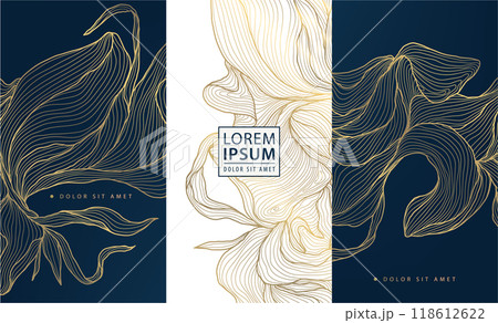 Vector set of golden line floral labels, art deco vintage leaves, flowers, japanese style illustration. Luxury cards, elegant texture. Vector set of golden line floral labels, art deco vintage leaves, flowers, japanese style illustration. Luxury cards, elegant texture. 118612622