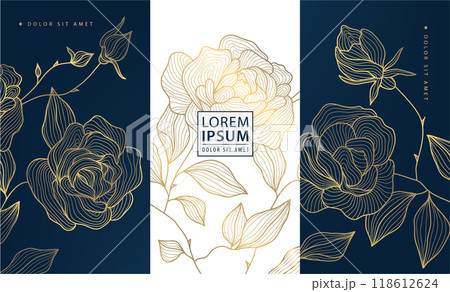 Vector set of art deco labels, golden line roses labels, elegant graphics. Nature frames, wedding invitations, fancy concept. Vector set of art deco labels, golden line roses labels, elegant graphics. Nature frames, wedding invitations, fancy concept. 118612624
