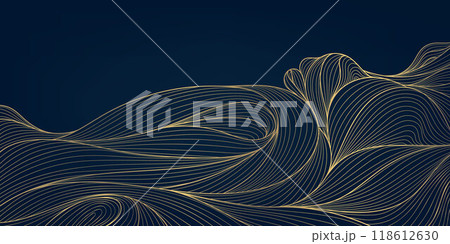 Vector gold line wave background, glitter on black premium flow illustration. Japanese copper vintage pattern, luxury fancy ornament, hand drawn. 118612630