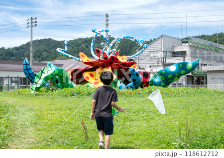 昆虫採取する子供／虫取り網・夏休み 118612712