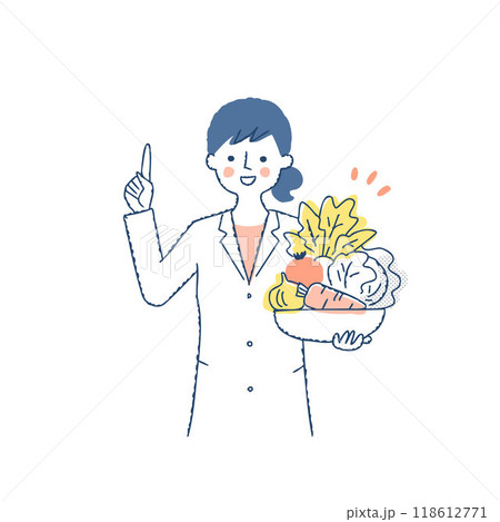 野菜を抱えて説明している栄養士の女性 118612771