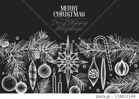 Christmas Hand Drawn Vector Chalk Board Design Template. Vintage Style Botanical Illustration. Winter Holidays Plants Xmas Banner. Christmas Hand Drawn Vector Chalk Board Design Template. Vintage Style Botanical Illustration. Winter Holidays Plants Xmas Banner. 118613144