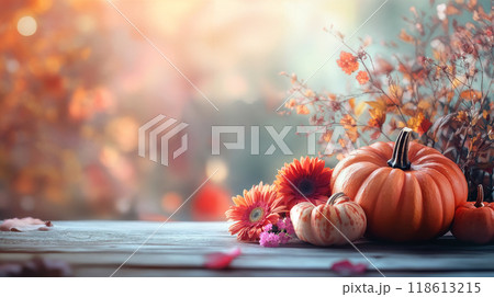 Pumpkins and Autumn Flowers 118613215