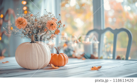 Pumpkins and Autumn Flowers 118613420