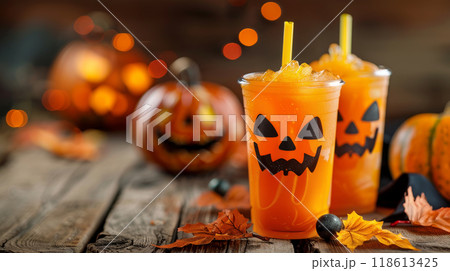 Halloween Cocktail with Jack-o'-Lantern Glass and Autumn Decor 118613425
