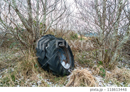 Concept of environmental pollution with old tractor tyres and wheels in the forest Concept of environmental pollution with old tractor tyres and wheels in the forest 118613448