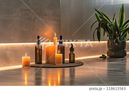 滑らかな光に照らされたエッセンシャルオイルとキャンドルで癒しを体験 滑らかな光に照らされたエッセンシャルオイルとキャンドルで癒しを体験 118613563