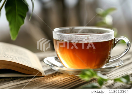 木のテーブルに置かれた温かいハーブティーと本が癒しを表現 118613564