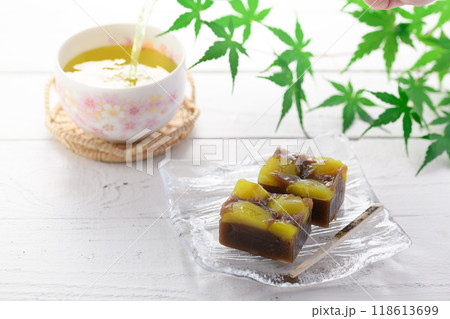 ガラスのお皿にのせた 羊羹 ( 栗蒸し羊羹 ) ガラスのお皿にのせた 羊羹 ( 栗蒸し羊羹 ) 118613699