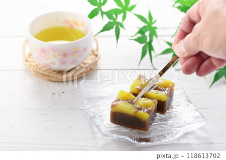 ガラスのお皿にのせた 羊羹 ( 栗蒸し羊羹 ) ガラスのお皿にのせた 羊羹 ( 栗蒸し羊羹 ) 118613702