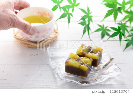 ガラスのお皿にのせた 羊羹 （ 栗蒸し羊羹 ） 118613704