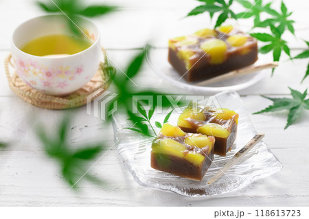 ガラスのお皿にのせた 羊羹 ( 栗蒸し羊羹 ) ガラスのお皿にのせた 羊羹 ( 栗蒸し羊羹 ) 118613723