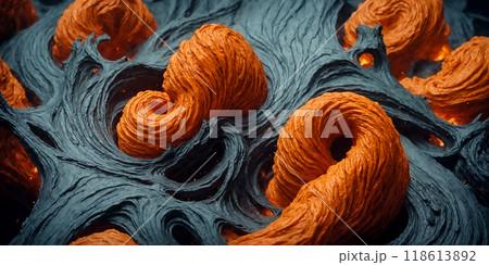 Hot orange soft plastic mixes with a dense wavy gray mass. Texture or background of abstract wavy dense fluid. Hot orange soft plastic mixes with a dense wavy gray mass. Texture or background of abstract wavy dense fluid. 118613892