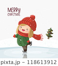 Cute girl skating on ice at christmas and a snowed landscape 118613912