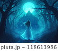 Mysterious Woman Approaching Haunted Mansion Under Full Moon 118613986