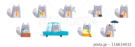 Grey Cat Businessman Character in Formal Tie Vector Set 118614032