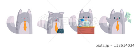 Grey Cat Businessman Character in Formal Tie Vector Set 118614034