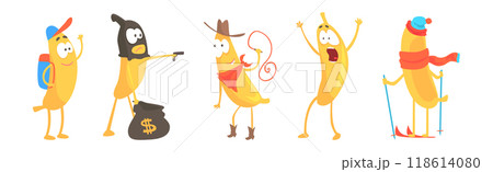 Funny Banana Yellow Character Engaged in Different Activity Vector Set 118614080
