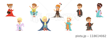 Cute Little Kids Wearing Elegant Adult Oversized Clothes Vector Set 118614082